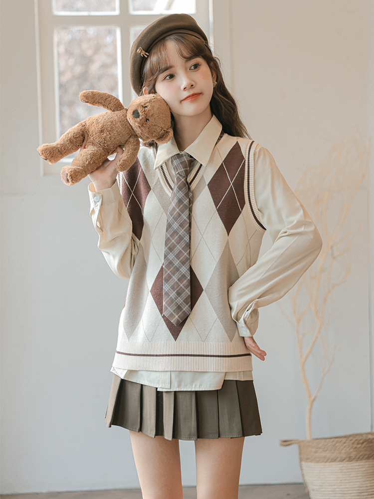 Preppy Three-Piece Sweater Vest Shirt Pleated Skirt Set