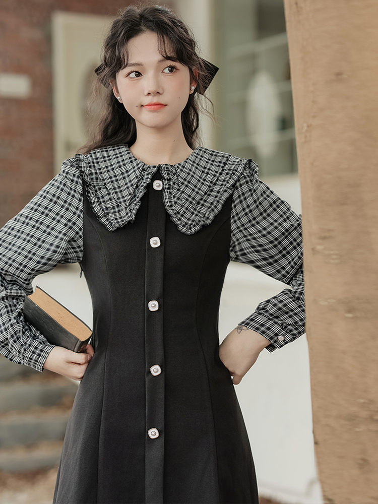 Women’s Peter Pan Collar Plaid Patchwork Dress Fall 2025 High-End Retro Two-Piece A-Line Mini