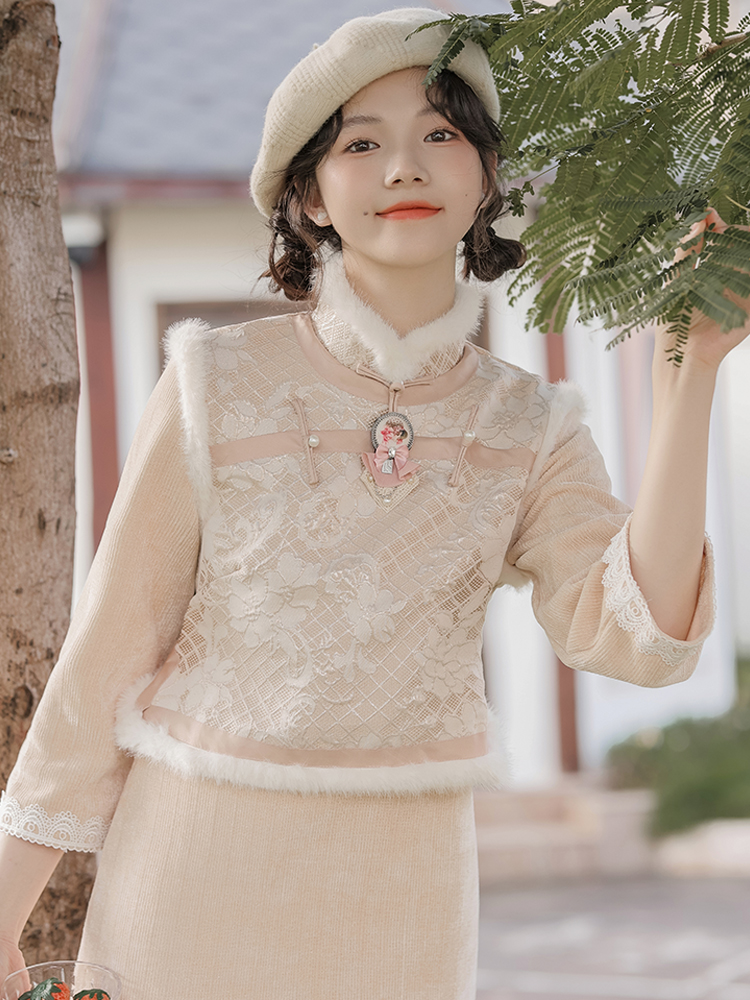 2025 Autumn Winter Vintage New Chinese Style Republic Academy New Year Improved Qipao Fake Two Piece Dress for Women