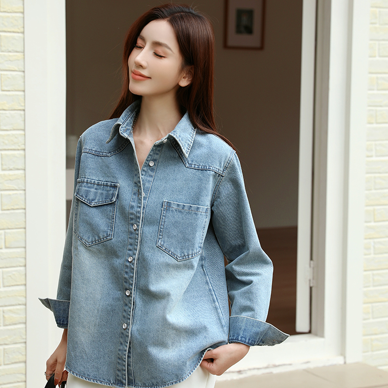 Women’s Blue Denim Shirt Jacket Casual Loose Fit Long Sleeve