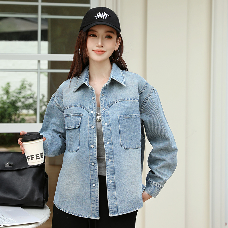 Women’s Retro Denim Shirt Jacket – Loose Fit Long Sleeve Button Down