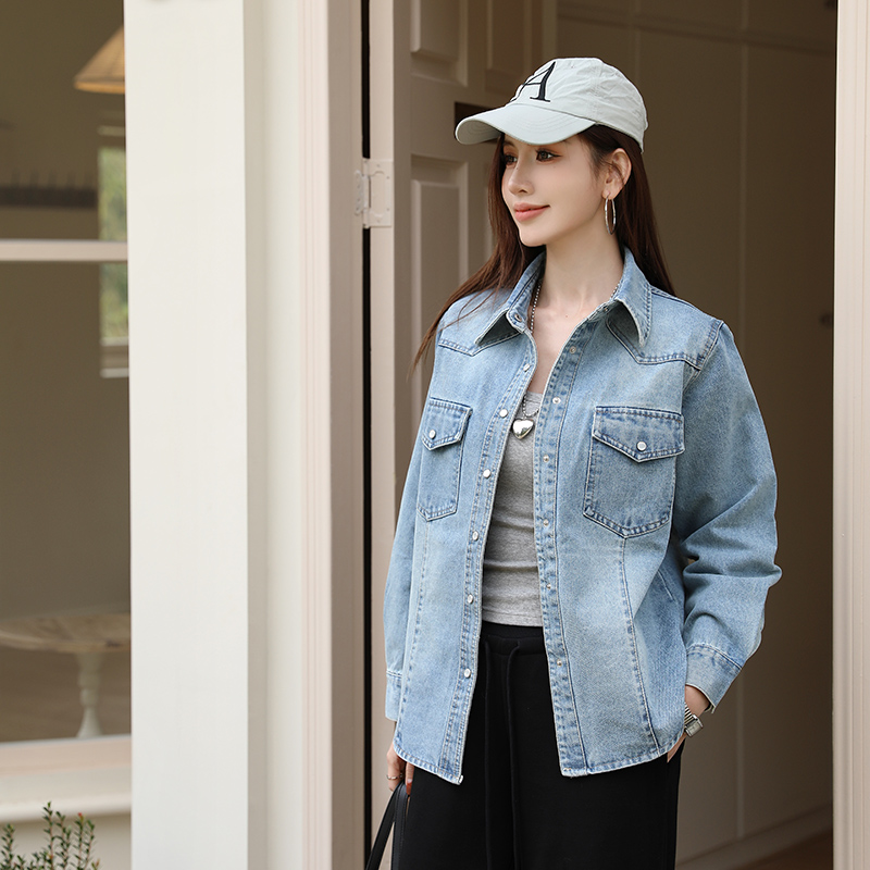 Women’s Korean Style Retro Denim Shirt Jacket Casual Loose Fit Long Sleeve