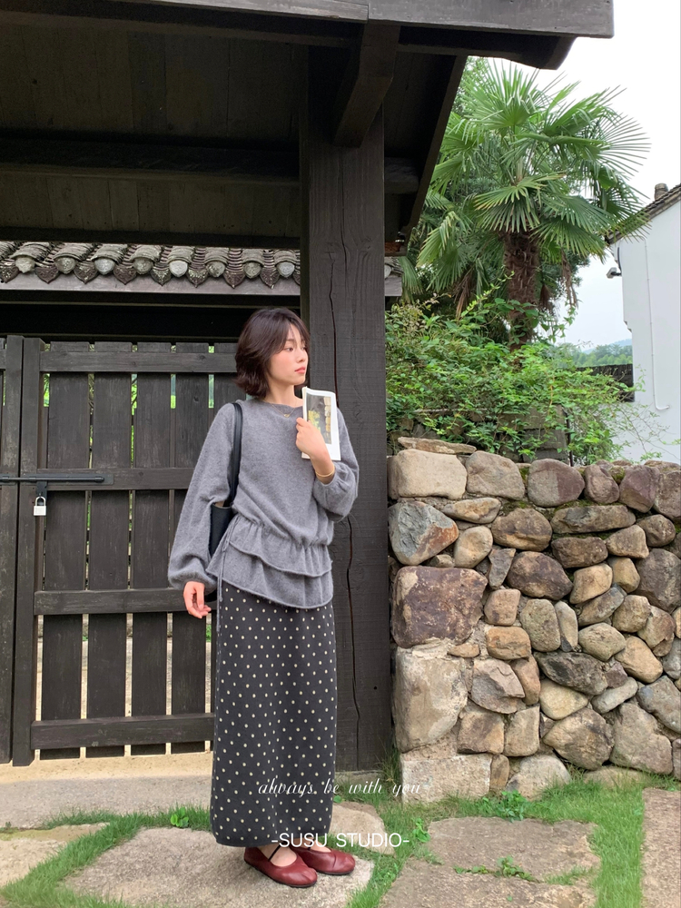 Polka Dot Retro Knit Wool Blend Straight Midi Skirt with Wide Waistband - Image 3