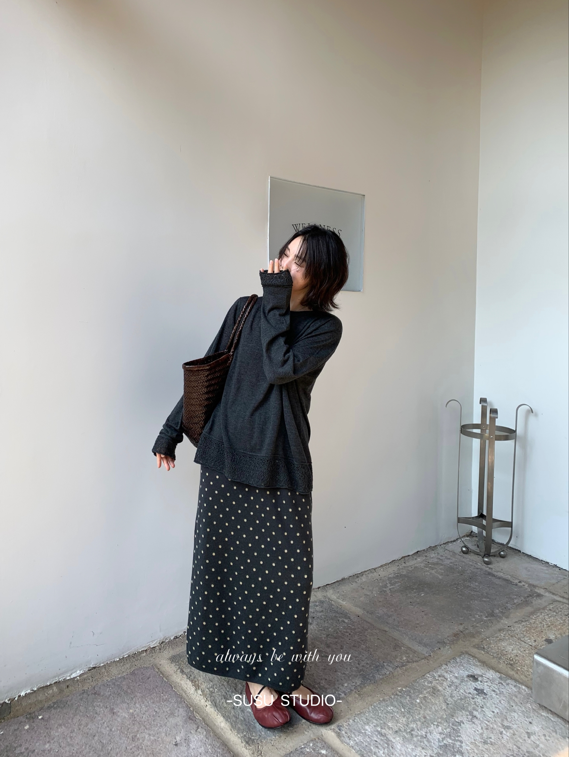 Polka Dot Retro Knit Wool Blend Straight Midi Skirt with Wide Waistband - Image 2