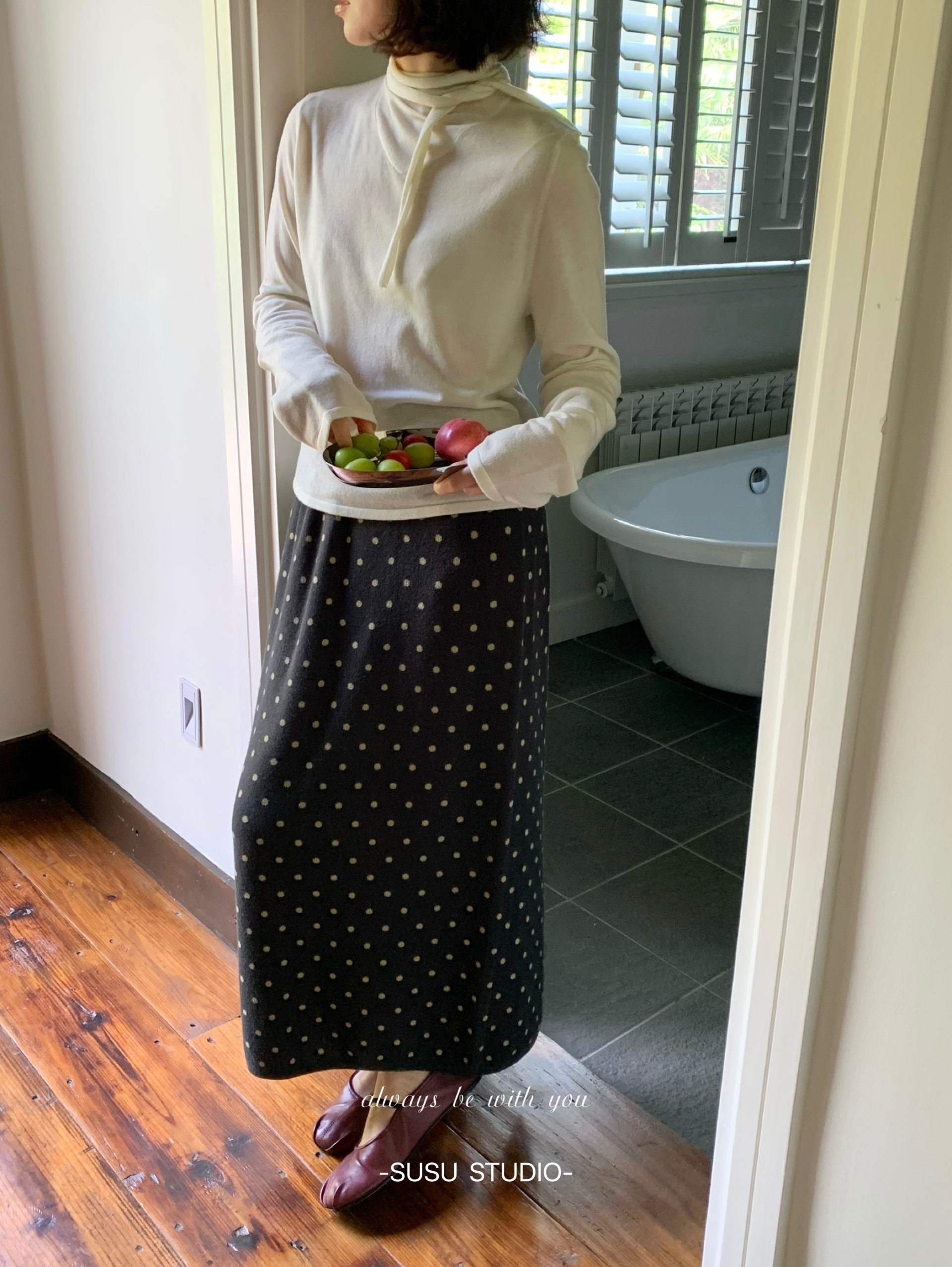 Polka Dot Retro Knit Wool Blend Straight Midi Skirt with Wide Waistband - Image 4