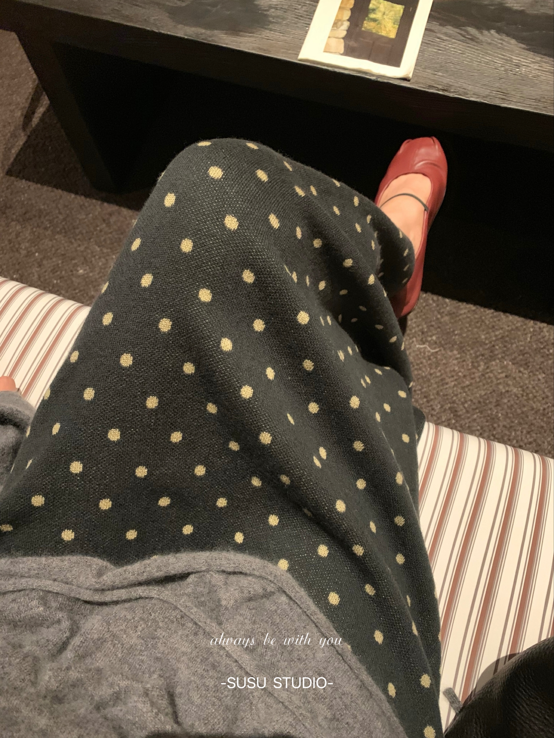 Polka Dot Retro Knit Wool Blend Straight Midi Skirt with Wide Waistband