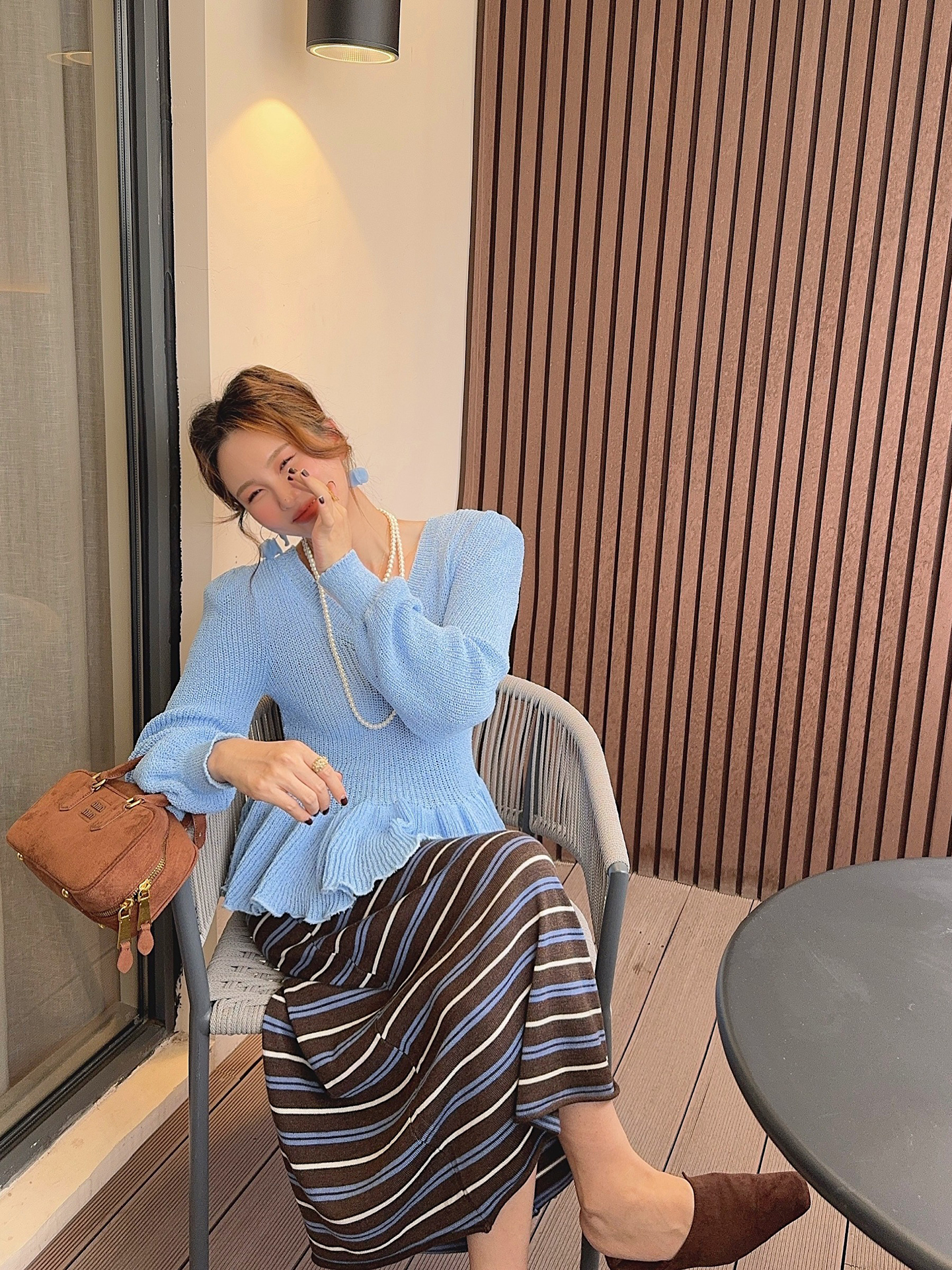 2025 Autumn Winter Elastic Waist Stretch Striped Color Block Wool Blend Long Skirt - Image 4