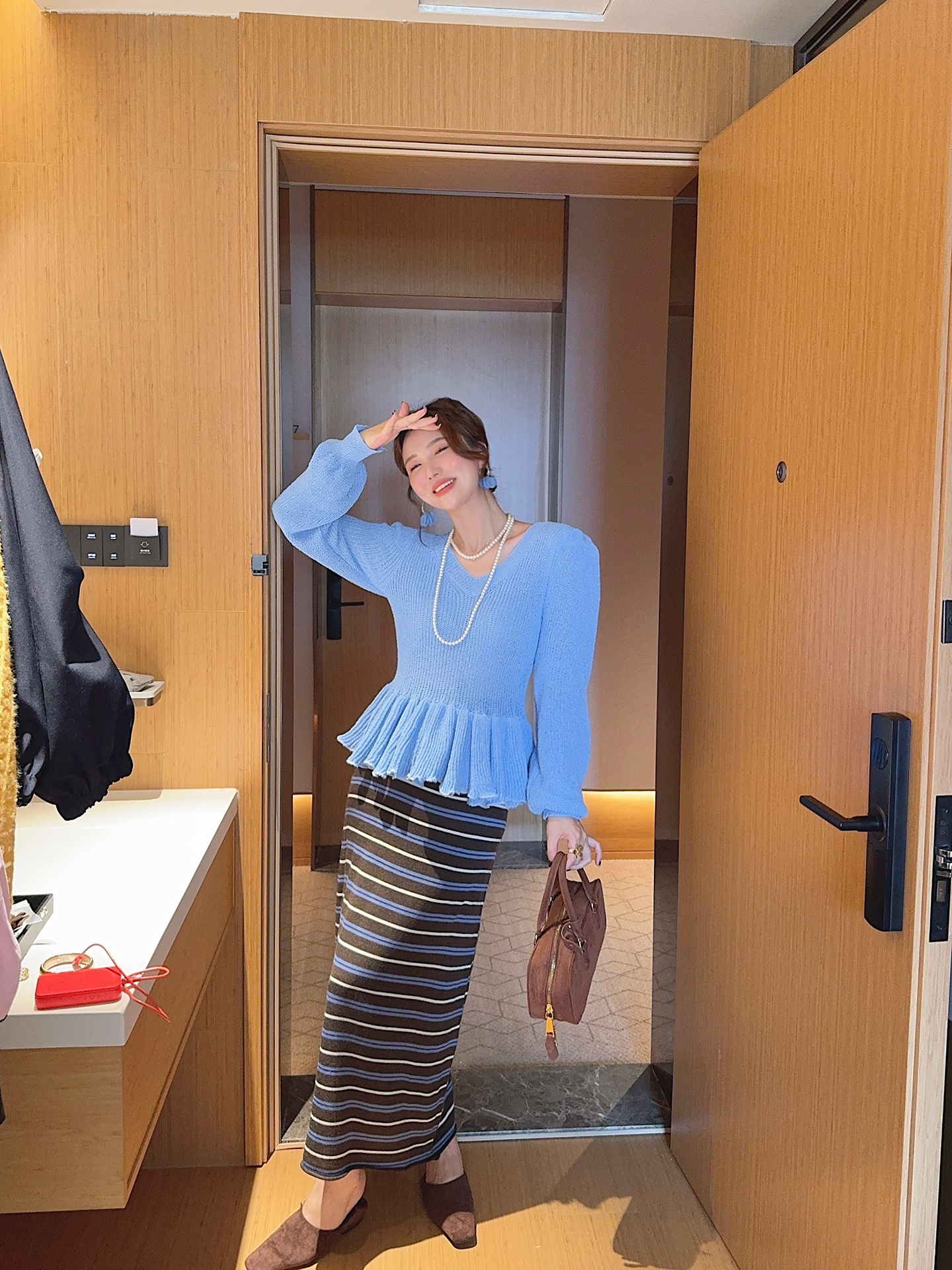 2025 Autumn Winter Elastic Waist Stretch Striped Color Block Wool Blend Long Skirt - Image 2