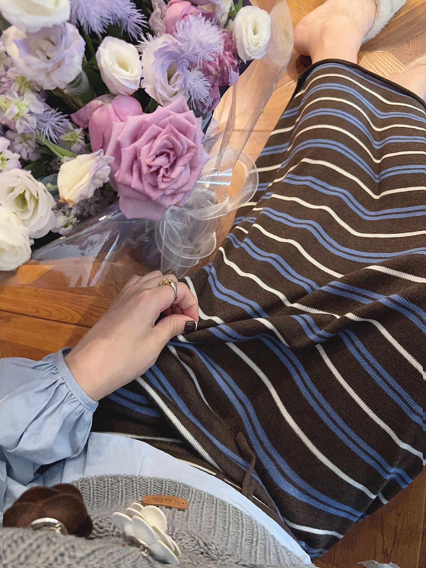 2025 Autumn Winter Elastic Waist Stretch Striped Color Block Wool Blend Long Skirt