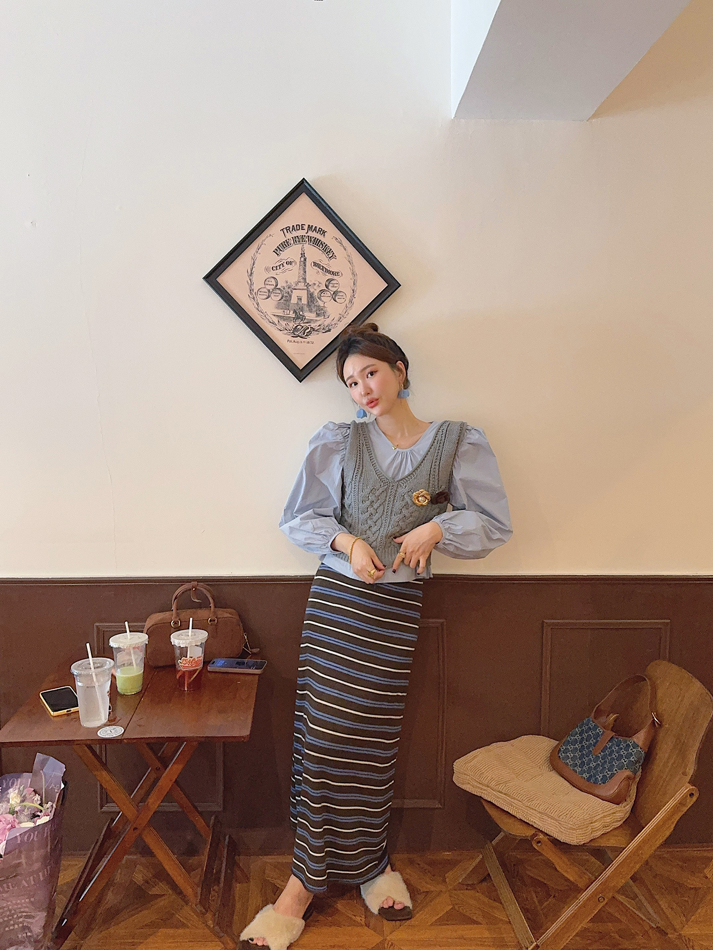 2025 Autumn Winter Elastic Waist Stretch Striped Color Block Wool Blend Long Skirt - Image 3