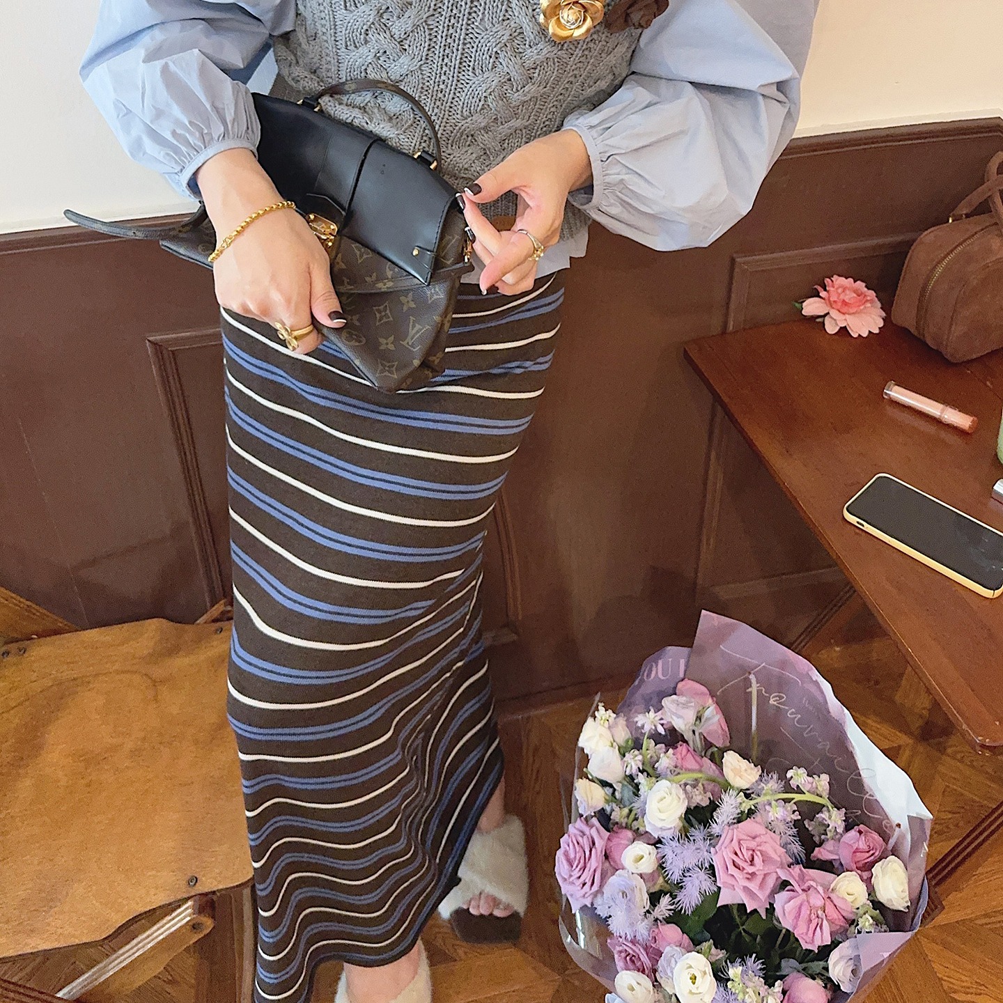 2025 Autumn Winter Elastic Waist Stretch Striped Color Block Wool Blend Long Skirt - Image 5