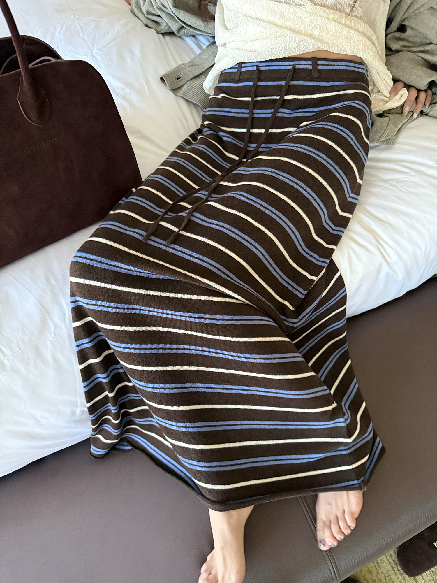 Color Block Striped Knit Skirt with Wool Blend
