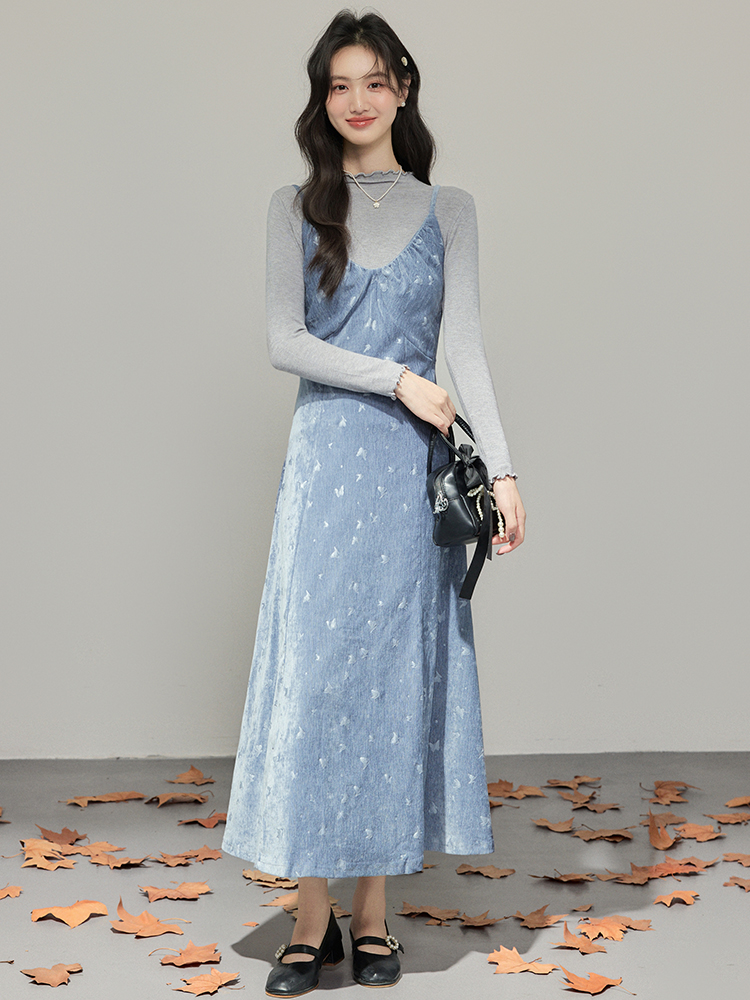 Women’s Retro Floral Two-Piece Dress Set Long Sleeve High Waist A-Line Midi Dress