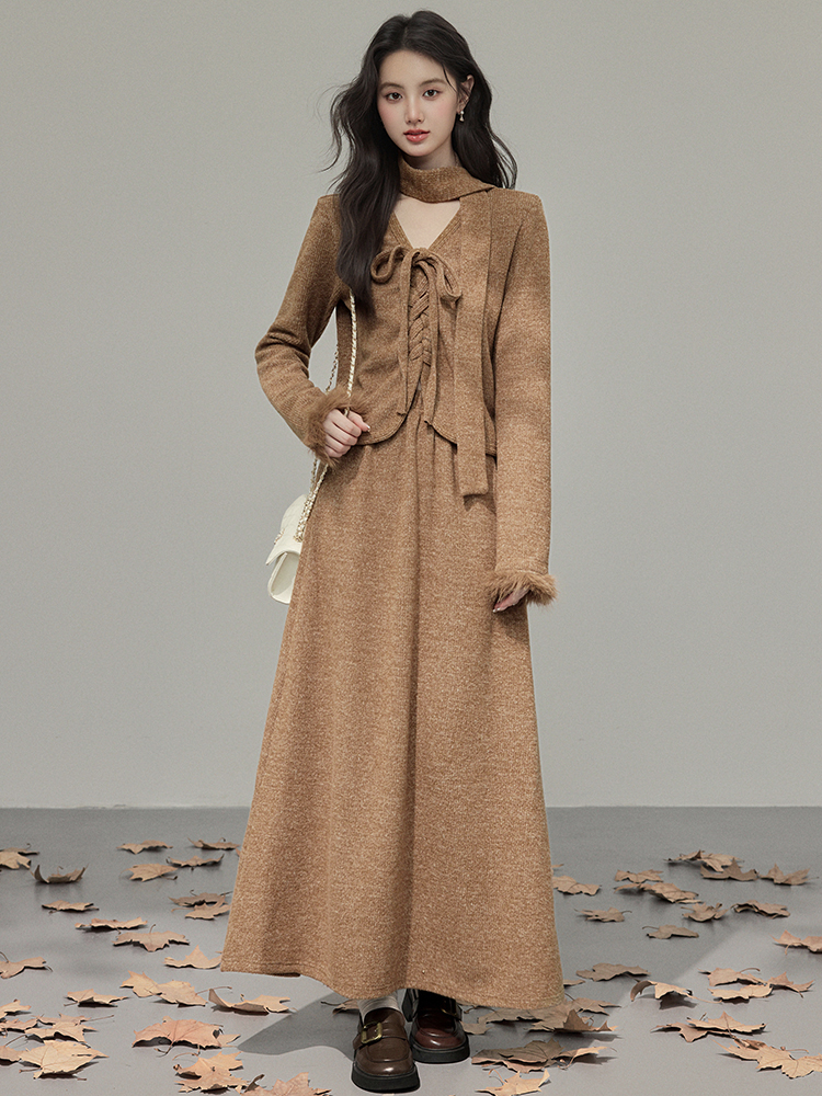 Korean V-Neck Lace-Up Faux Fur Collar Two-Piece Top and Skirt Set for Women Autumn Winter Slim Waist Midi Dress Set