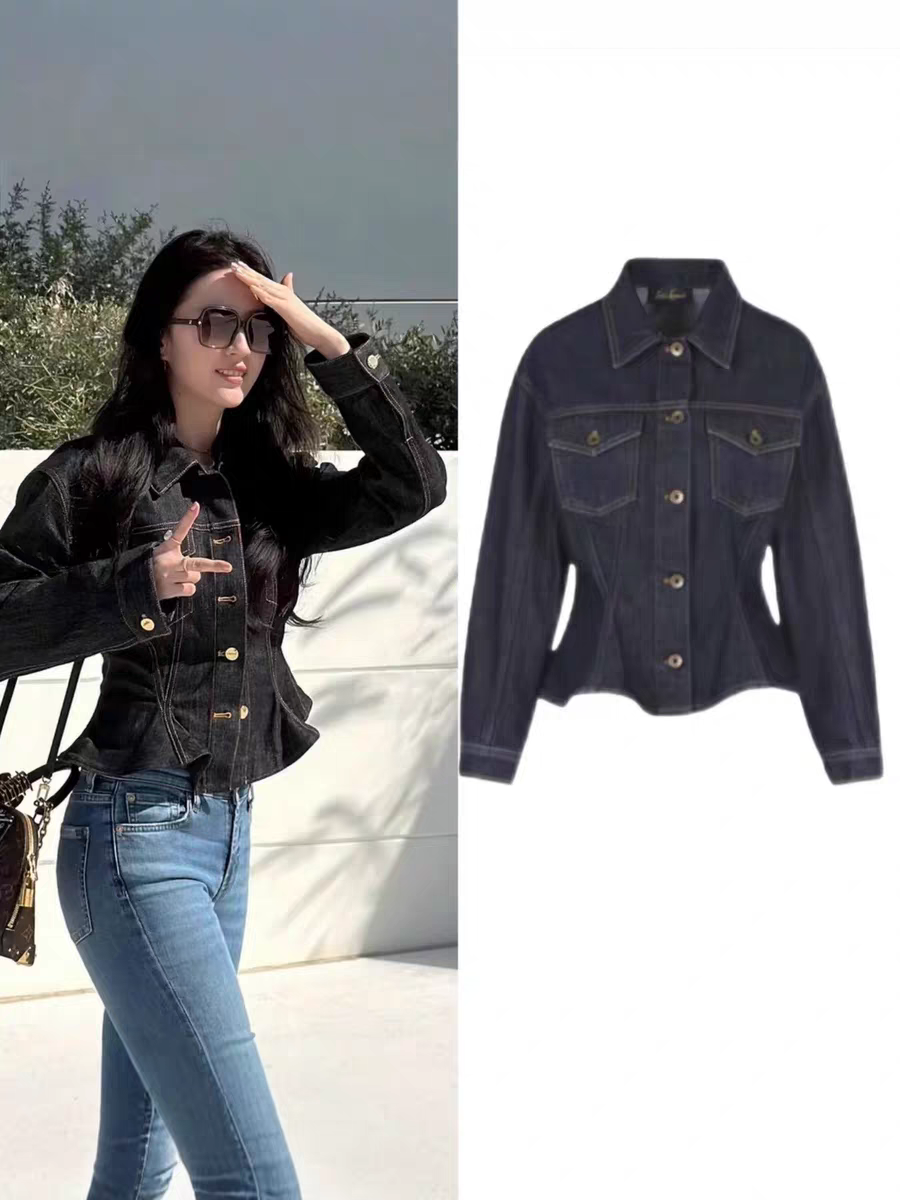 Women’s Slim Fit Denim Jacket with Ruffled One-Shoulder Neckline and Slit Hem