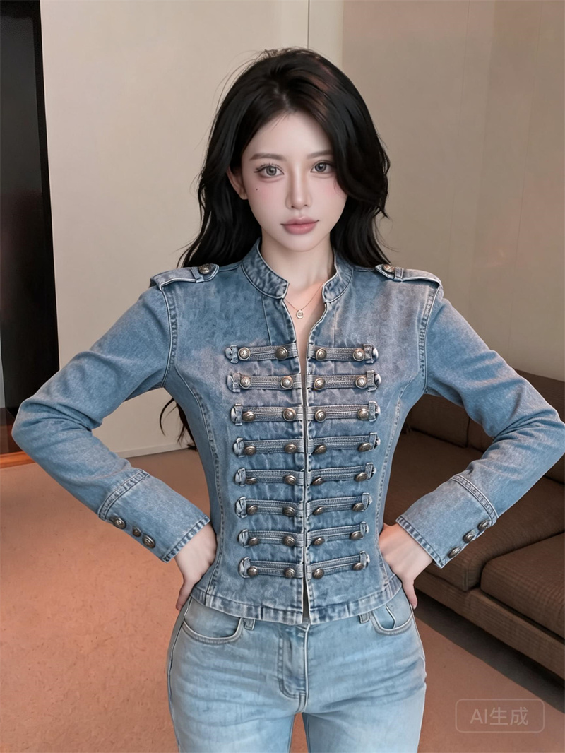 2026 Autumn New Classical Metal Ribbed Button Strap Washed Denim Short Jacket - Image 2