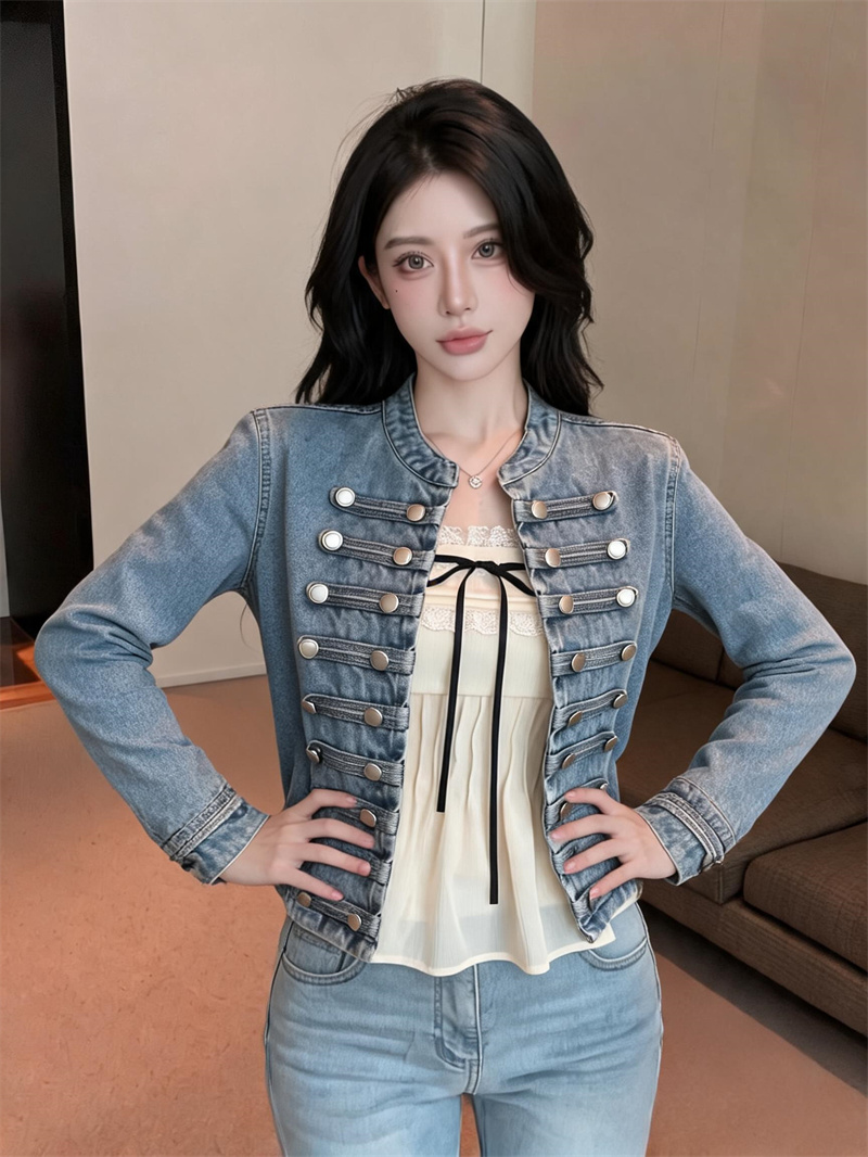 2026 Autumn New Napoleon Style Embroidered Button Denim Short Jacket for Women