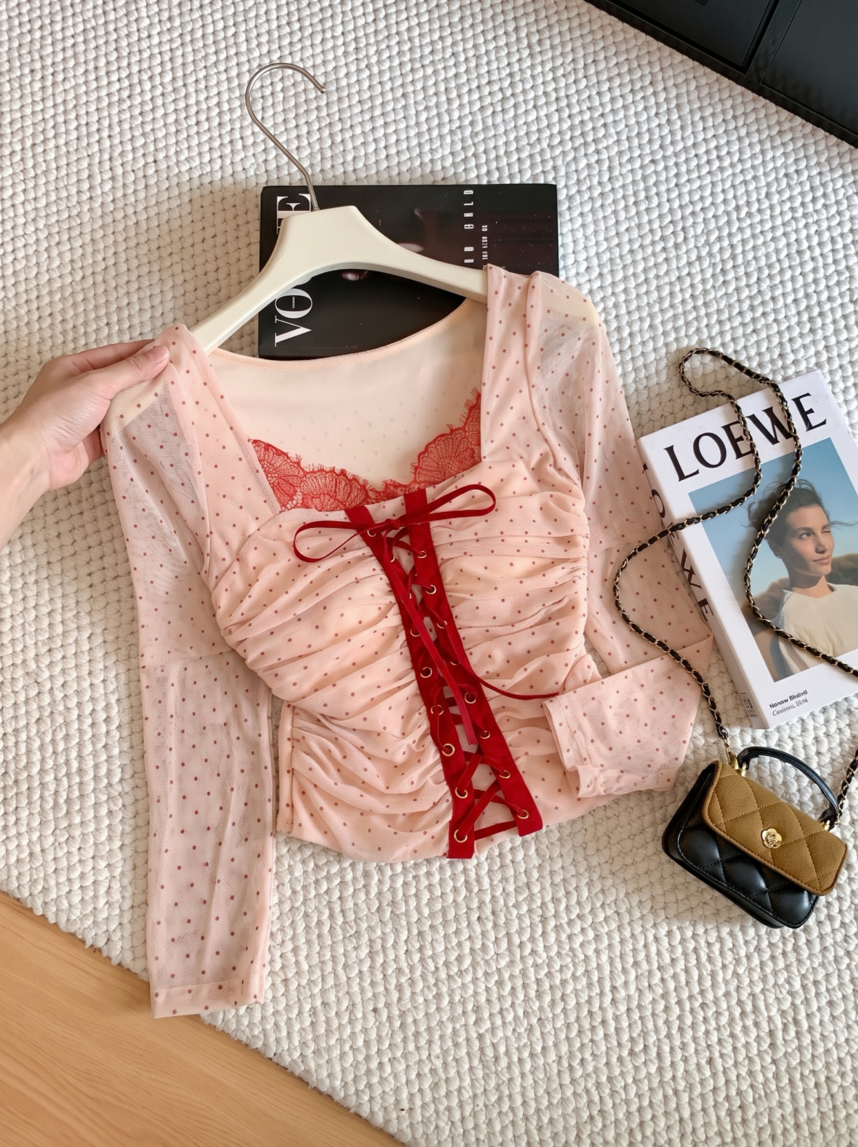 Korean Sexy Polka Dot Lace Patchwork Long Sleeve Cross Tie Waist T-Shirt - Image 4