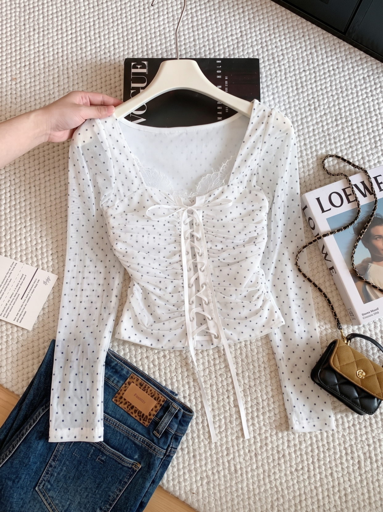 Korean Sexy Polka Dot Lace Patchwork Long Sleeve Cross Tie Waist T-Shirt - Image 2