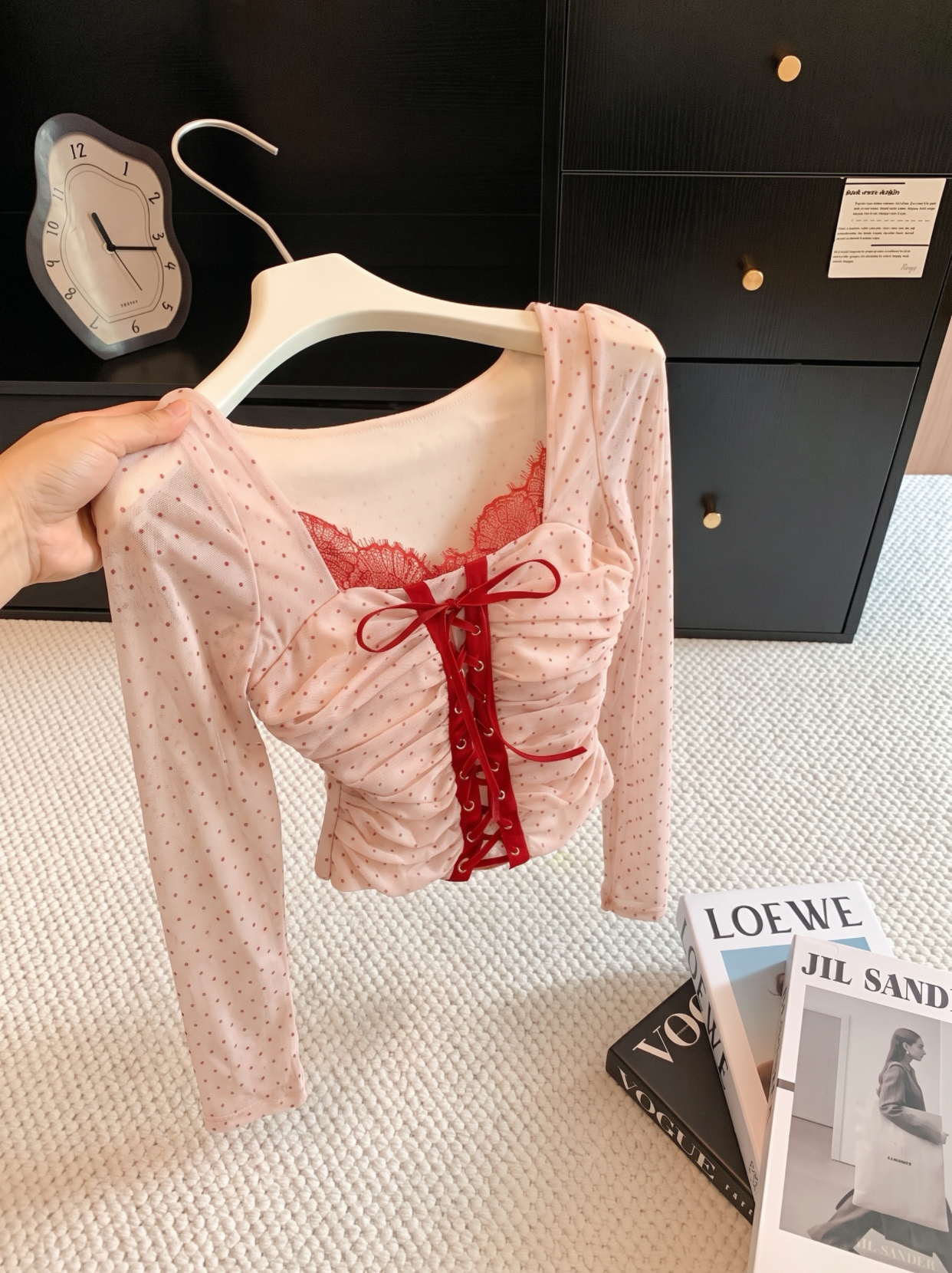 Korean Sexy Polka Dot Lace Patchwork Long Sleeve Cross Tie Waist T-Shirt