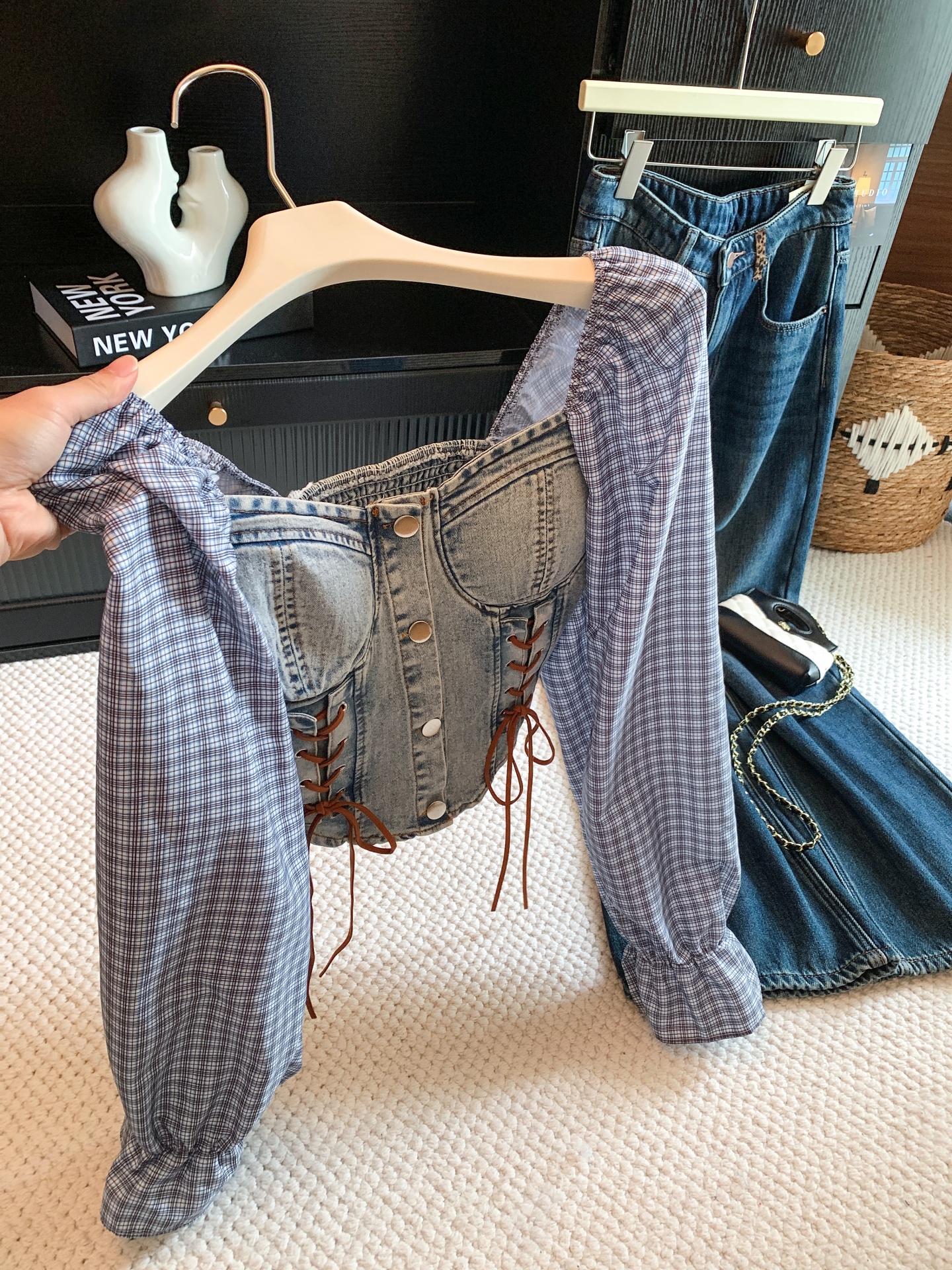 Women’s Retro Plaid Puff Sleeve Denim Patchwork Crop Top