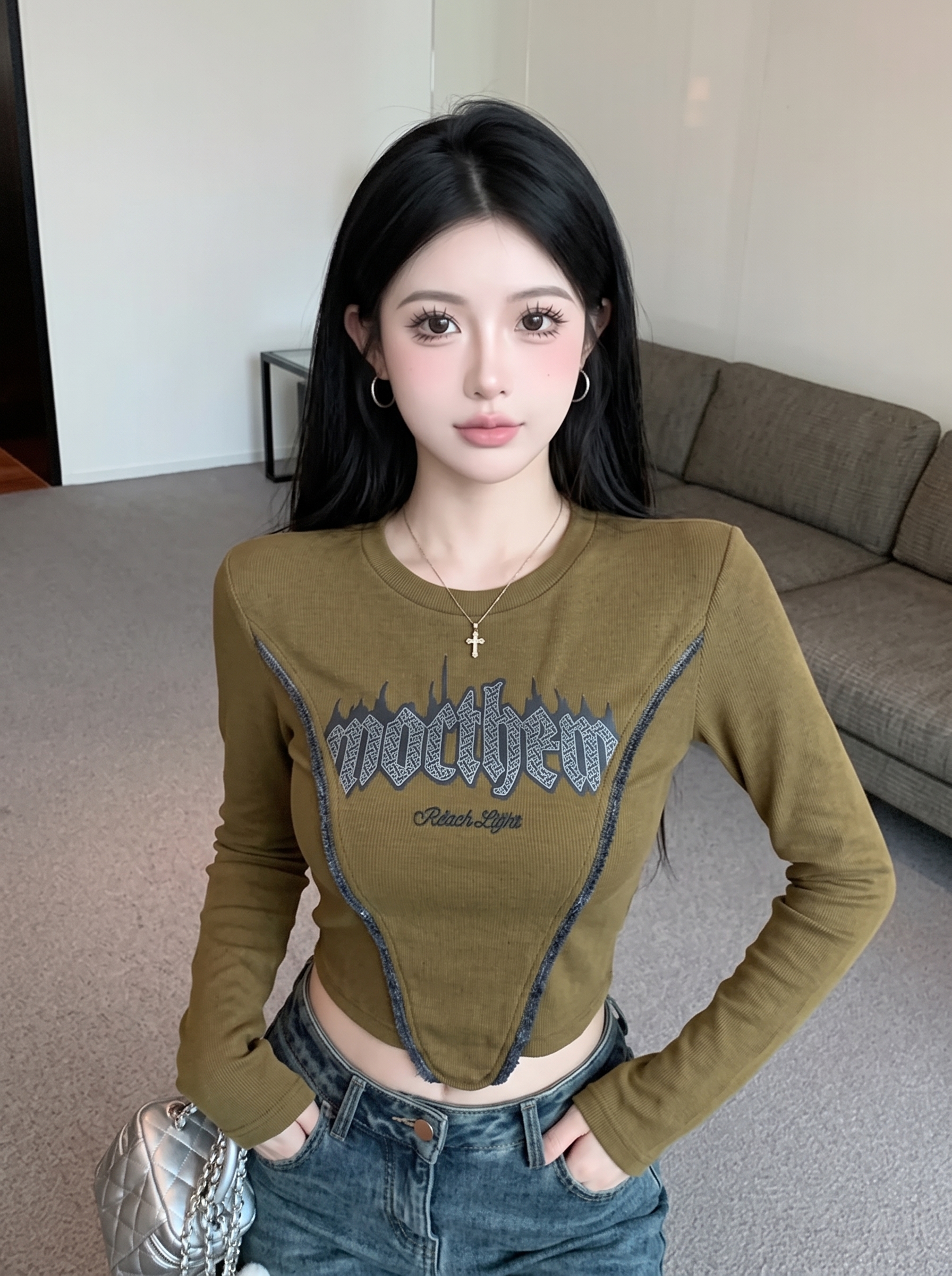 Women's Vintage Letter Print Knit T-Shirt Cropped Base Layer Top - Image 3