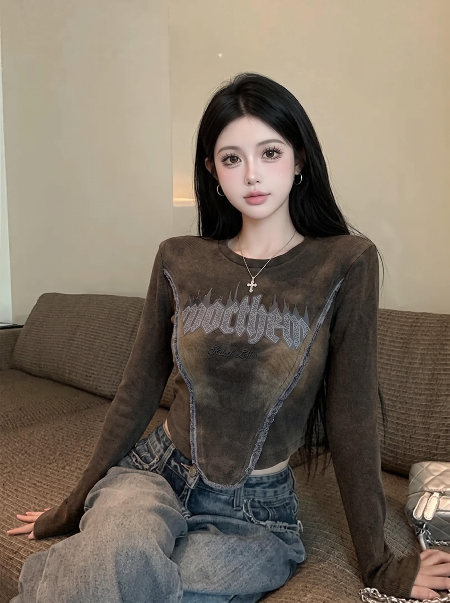 Women's Vintage Letter Print Knit T-Shirt Cropped Base Layer Top - Image 4