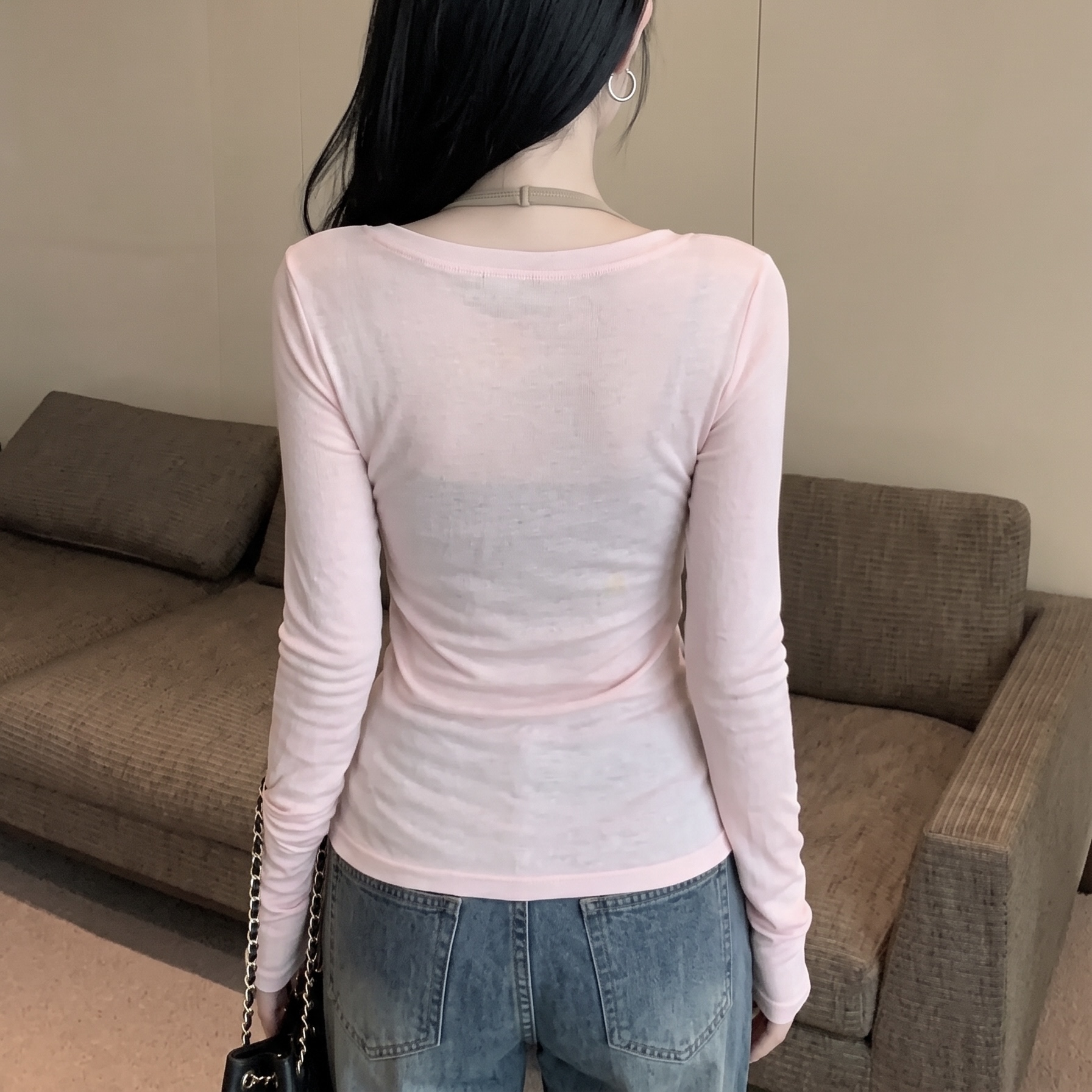 Women's Slim Fit V-Neck Cami Spliced Long Sleeve T-Shirt - Image 5
