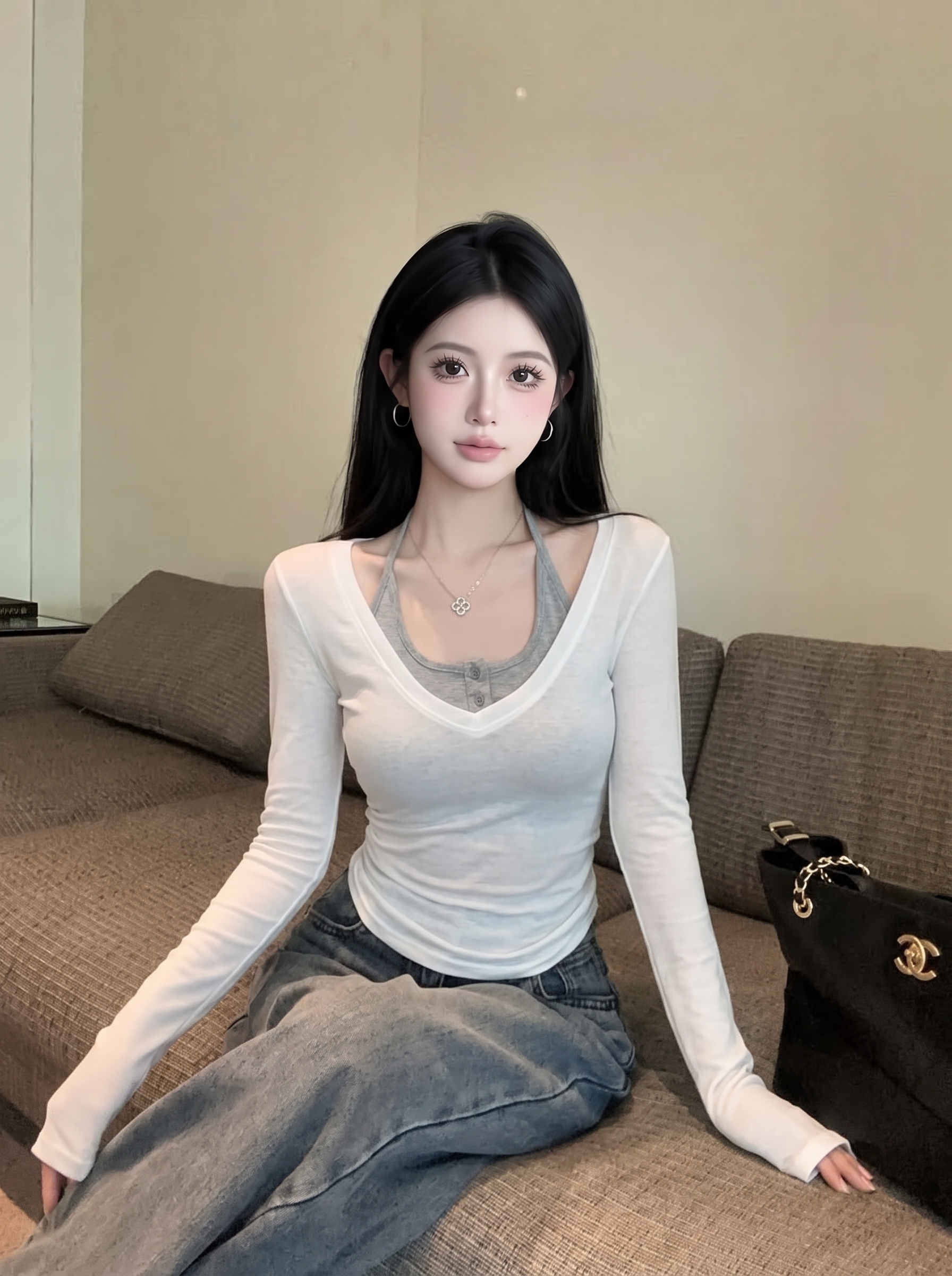 Women's Slim Fit V-Neck Cami Spliced Long Sleeve T-Shirt - Image 4