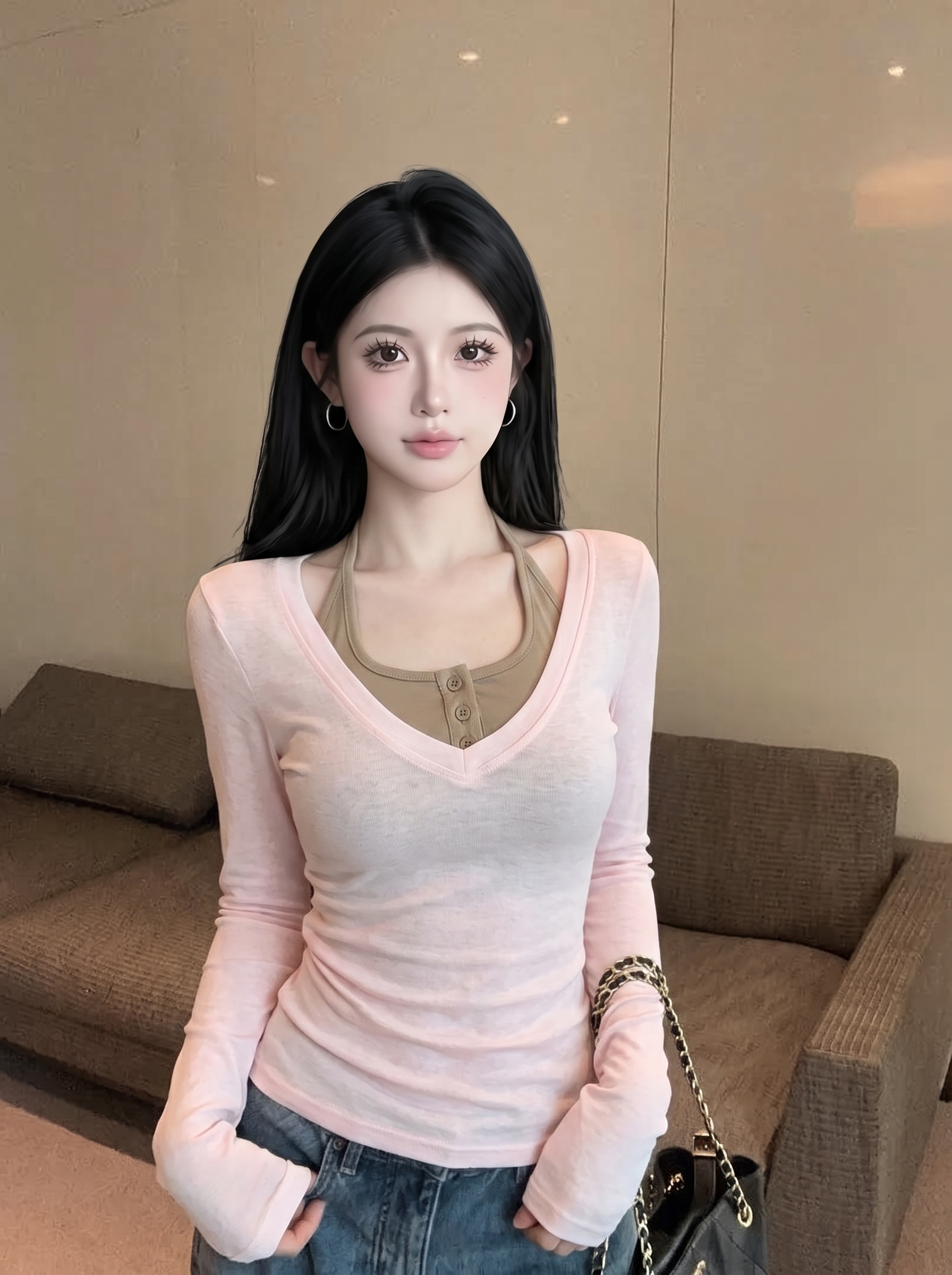 Women’s Slim Fit V-Neck Cami Spliced Long Sleeve T-Shirt