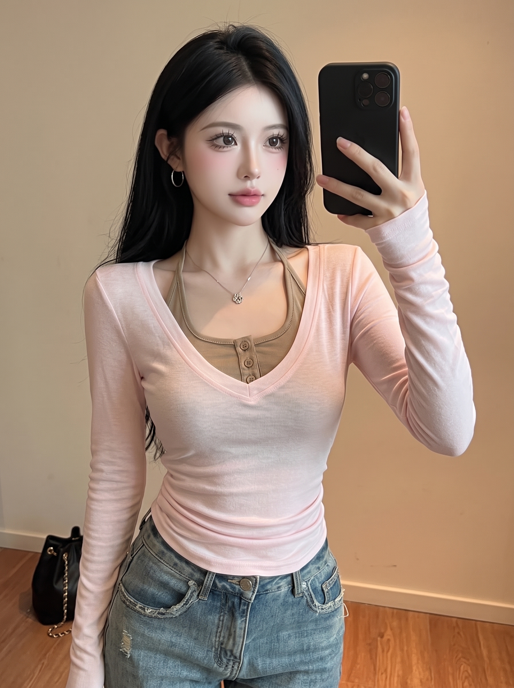 Women's Slim Fit V-Neck Cami Spliced Long Sleeve T-Shirt - Image 3