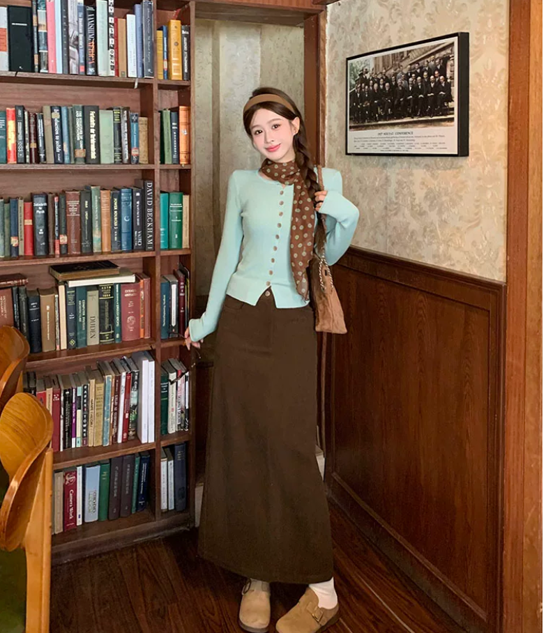 Green Short Long-Sleeve Knit Cardigan Women's Fall Winter Slim Inner Layer Early Fall Chic Top New - Image 3