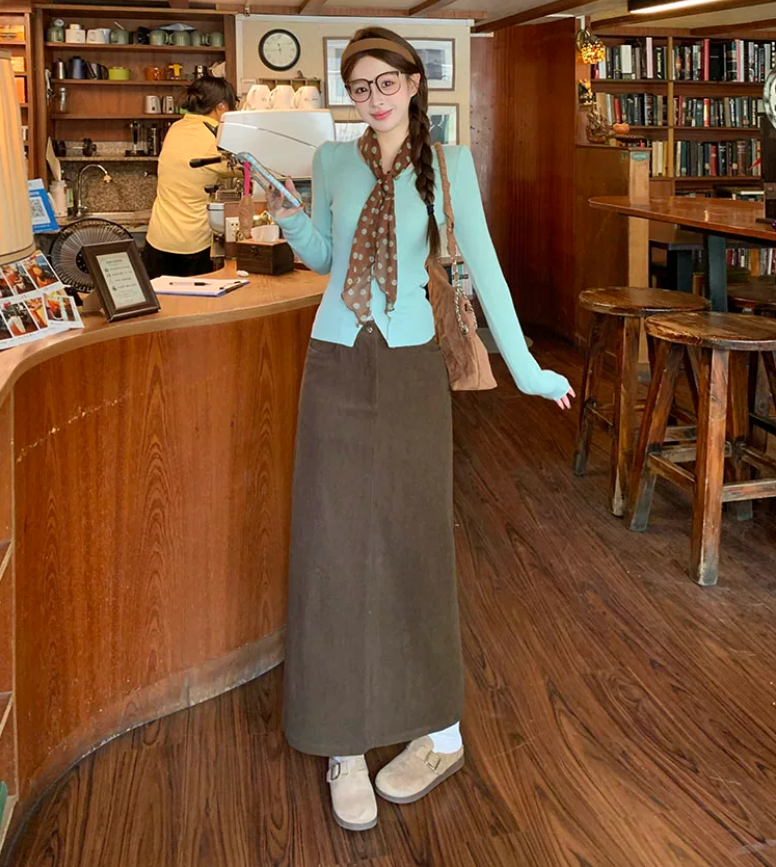 Green Short Long-Sleeve Knit Cardigan Women's Fall Winter Slim Inner Layer Early Fall Chic Top New