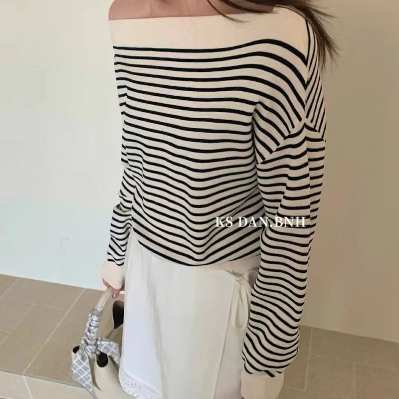 Lazy Slanted Neck Off-Shoulder Striped Long Sleeve Knit Sweater Women Spring Autumn Premium Versatile Top Early Autumn New