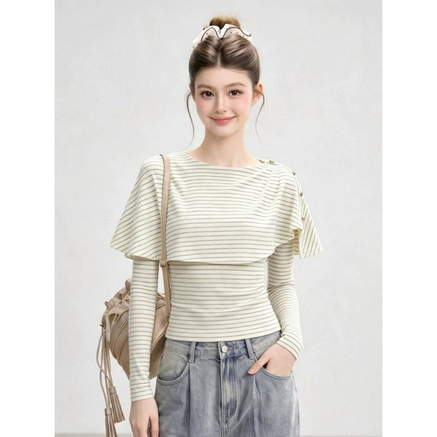 Korean Style Cape-Look Two-Piece Striped Long-Sleeve Women's Top - Image 3