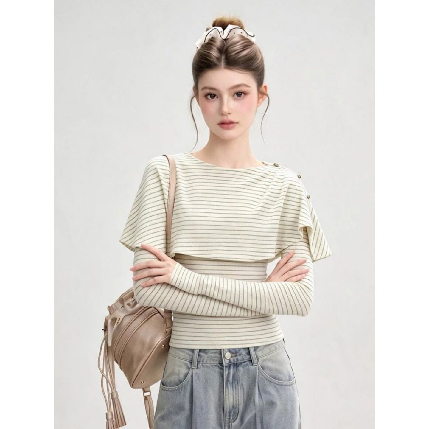 Korean Style Cape-Look Two-Piece Striped Long-Sleeve Women's Top - Image 2