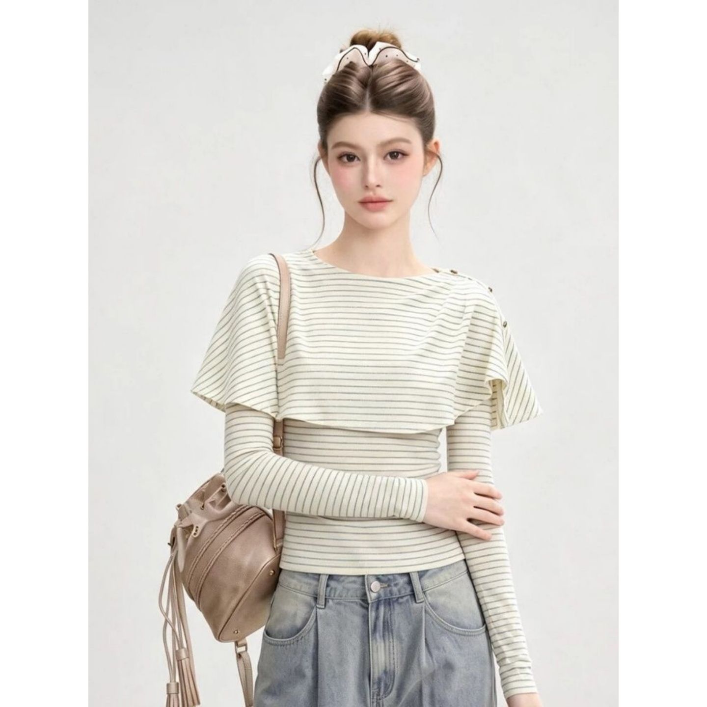 Korean Style Cape-Look Two-Piece Striped Long-Sleeve Women's Top
