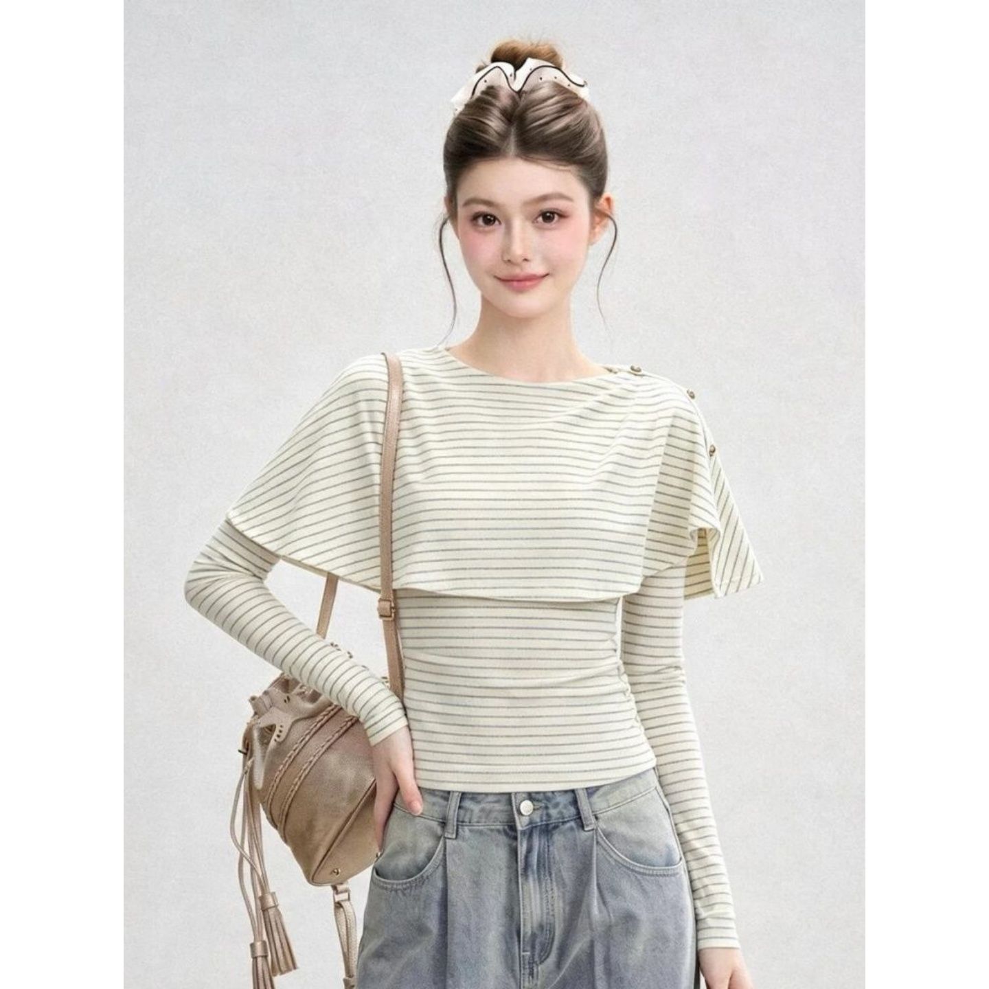 Korean Style Cape-Look Two-Piece Striped Long-Sleeve Women's Top - Image 4
