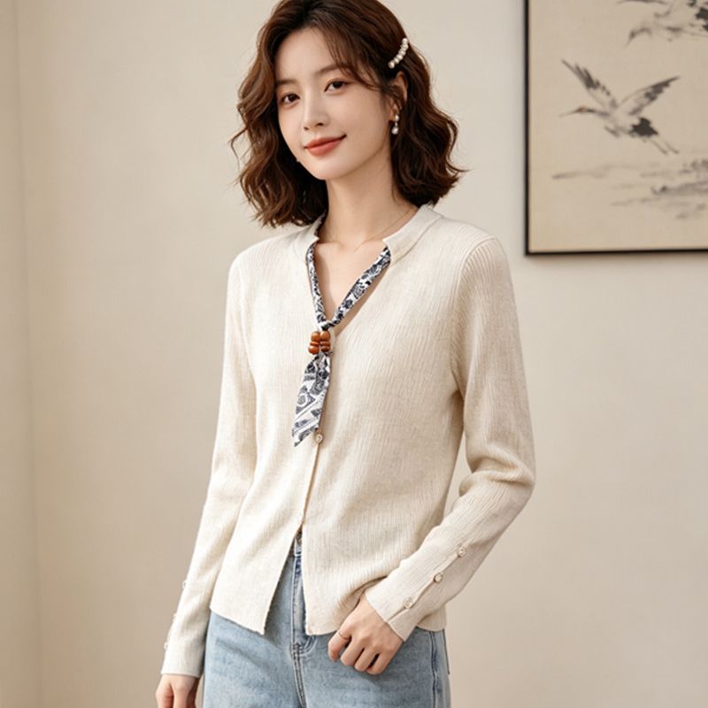 Korean Style V-Neck Ribbed Knit Top with Scarf Tie Detail Slim Fit Long Sleeve