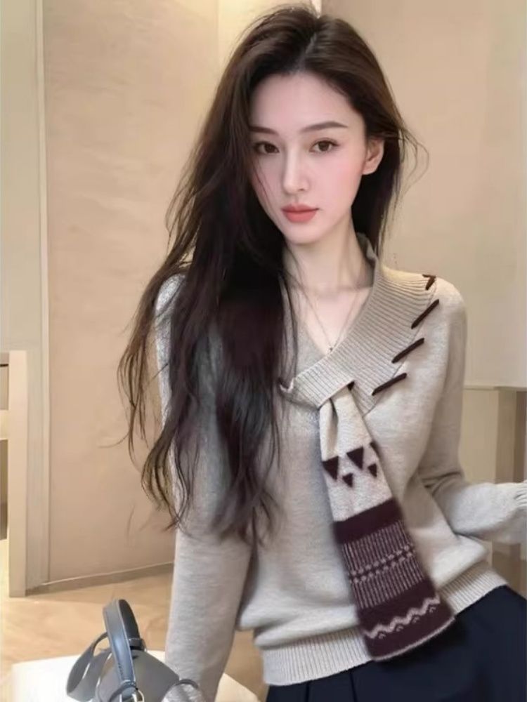 French Retro Lazy Soft Scarf Neck Knit Sweater Women Autumn Winter Top Early Autumn New - Image 3