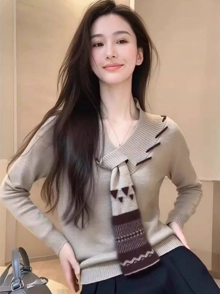 French Retro Lazy Soft Scarf Neck Knit Sweater Women Autumn Winter Top Early Autumn New - Image 2