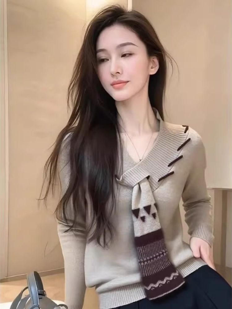 French Retro Lazy Soft Scarf Neck Knit Sweater Women Autumn Winter Top Early Autumn New