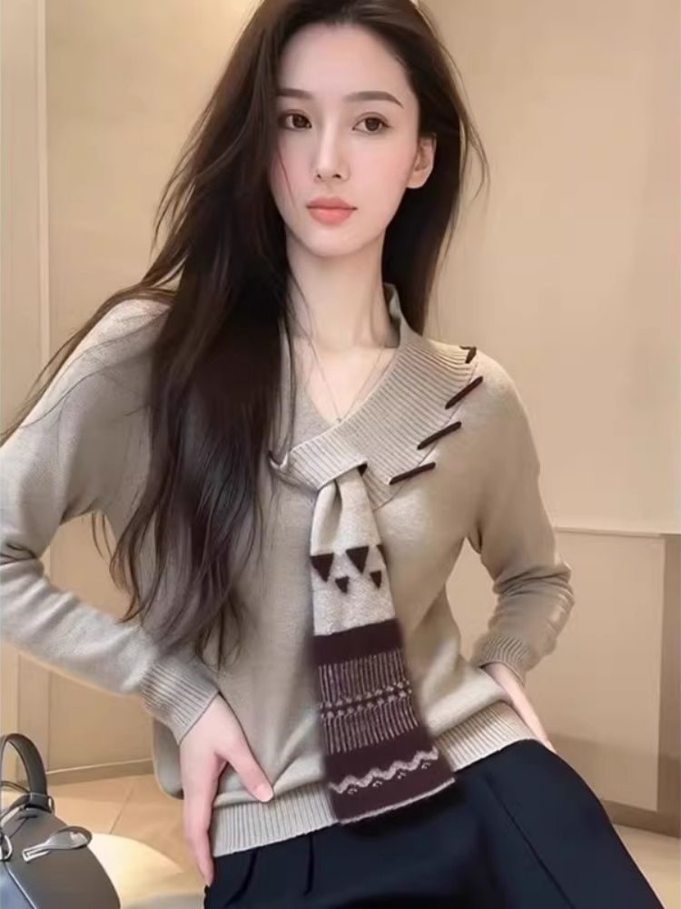 French Retro Lazy Soft Scarf Neck Knit Sweater Women Autumn Winter Top Early Autumn New - Image 4